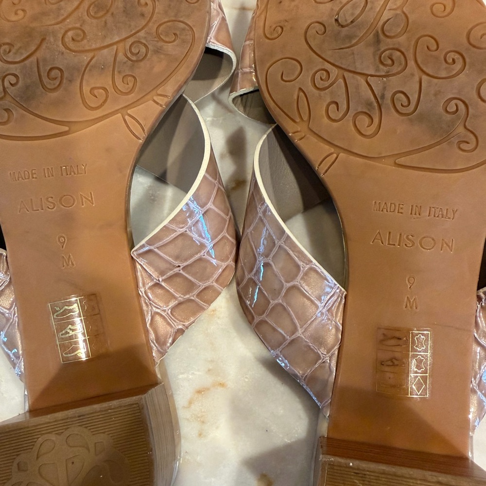 Brighton Taupe Croc-Embossed Slide Sandals with Silver Medallion - Picture 3 of 5